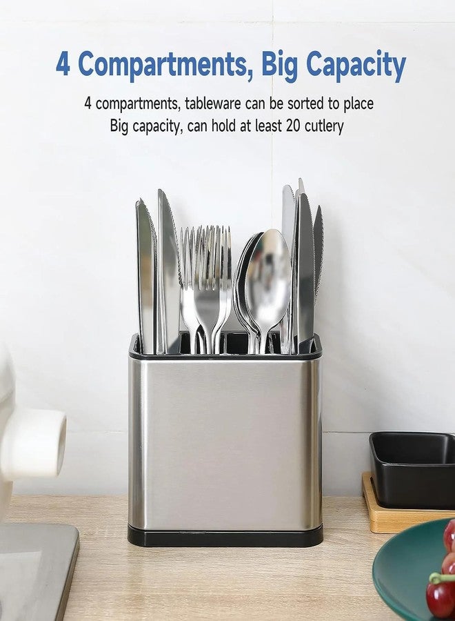 DOOMSDAY Stainless Steel Utensil Holder for Kitchen Countertop | 4-Compartment Cutlery Organizer with Removable Dividers | Anti-Slip Base & Drainage Function | Large Capacity - Image 2